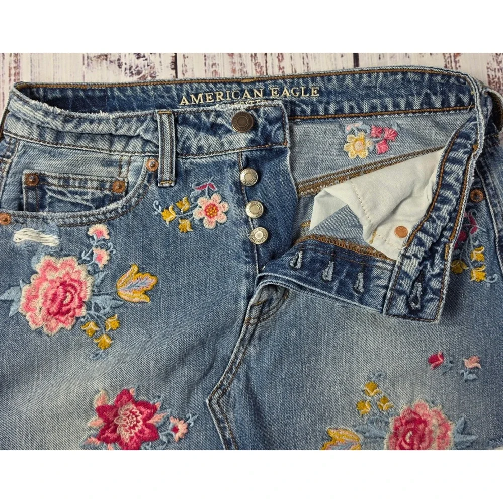 American Eagle Denim Mini‎ Skirt Womens 2 Blue Excellent Floral Embroidered Boho